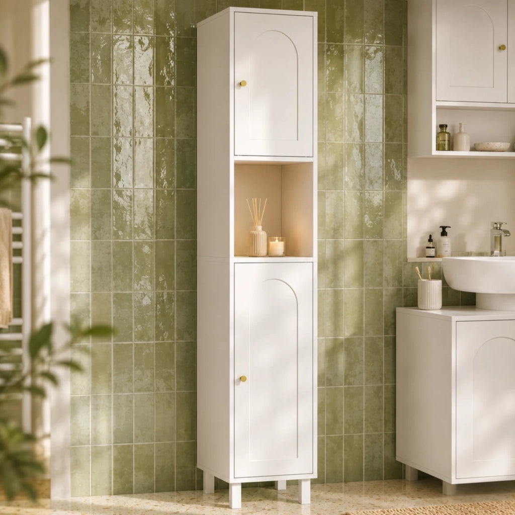 IDMarket - Armadio a colonna da bagno ARSENE con 2 ante e 1 nicchia, in legno bianco