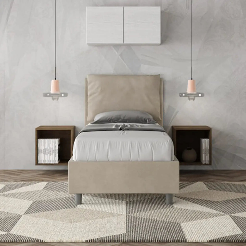 Letto singolo con rete imbottito 80x190 microfibra sabbia Antea