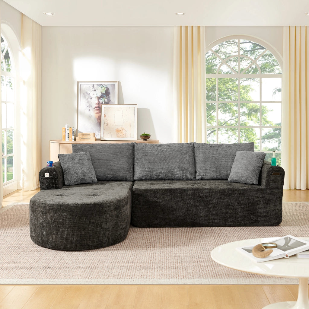 Divano Angolare L Form con Braccioli e Portabicchieri ¨C MINIMAL ¨C Tessuto Lino Beige