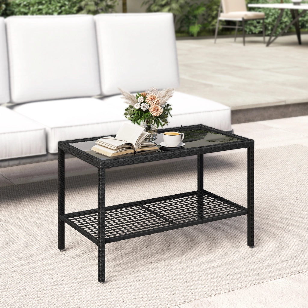 Tavolino da giardino in rattan con piano in vetro e struttura in acciaio ¨C Minimal ¨C Nero 92x50x45 cm