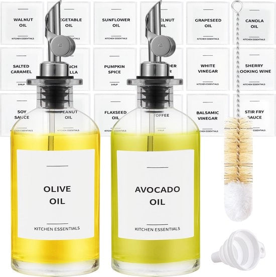 Dispensatore di olio d'oliva per cucina, dispenser di sciroppo di caffè - Flessi eleganti di olio d'oliva per cucina - Dispensatore di olio per cucina in vetro, contenitore, cruet con beccuccio - Set da 2 pezzi, Argento