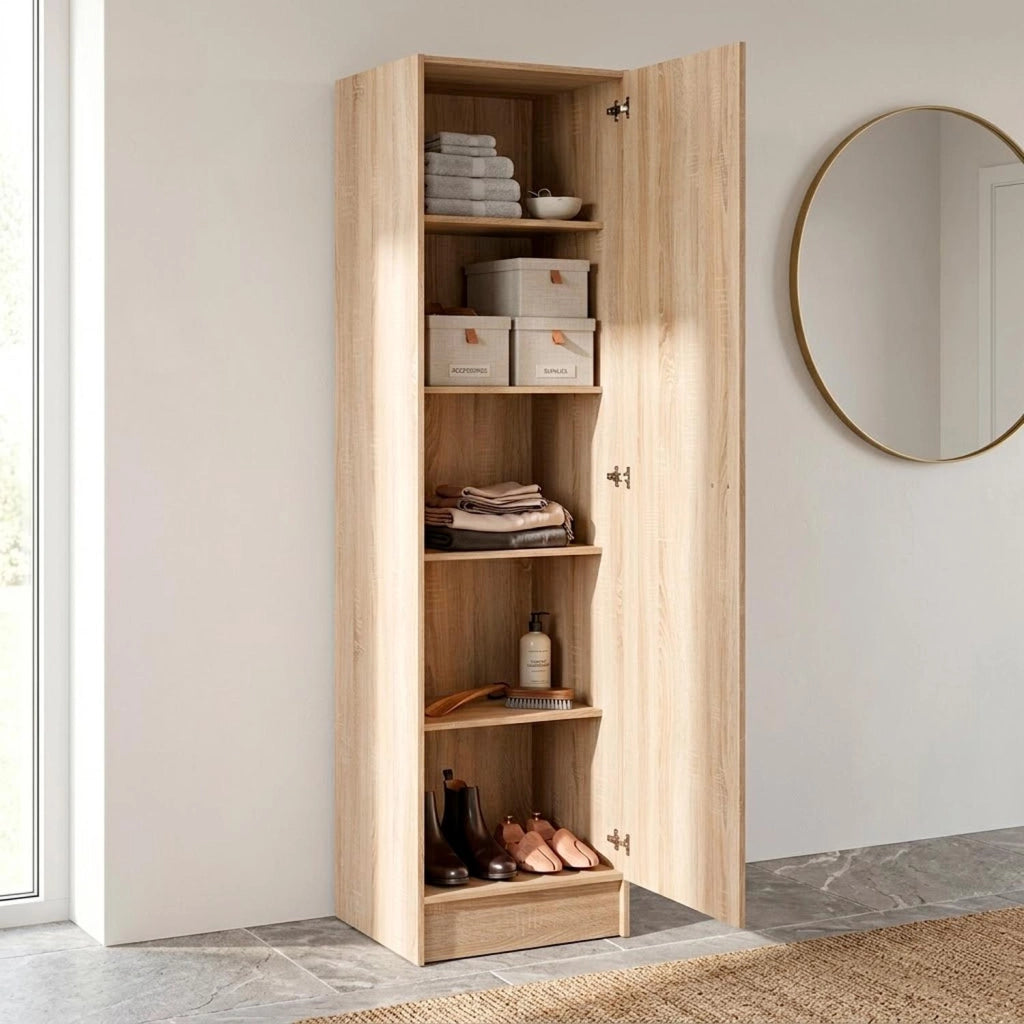 Colonna Armadio Bagno Con 1 Anta E 4 Ripiani Regolabili Mobile Salvaspazio Alto Design Moderno Semplice Per Ingresso Corridoio Ripostiglio Con Maniglia In Metallo Argentata 200 X 47.1 X 49.2 Cm Rovere