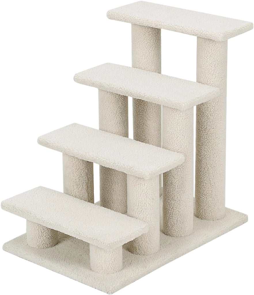 Scaletta per Cani e Gatti con 4 Gradini, Scaletta per Gatti di Taglia Piccola, Tiragraffi per Gatti a Forma di Scala, Rivestita in Tessuto Morbido, 41 x 61 x 60 cm (Bianco)