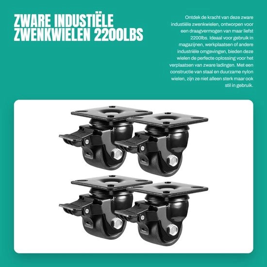 Set di ruote piantate da 4 - Zoccoli con freno - Carico di 1000 kg - Nylon duraturo - Assorbimento shock - Struttura in acciaio