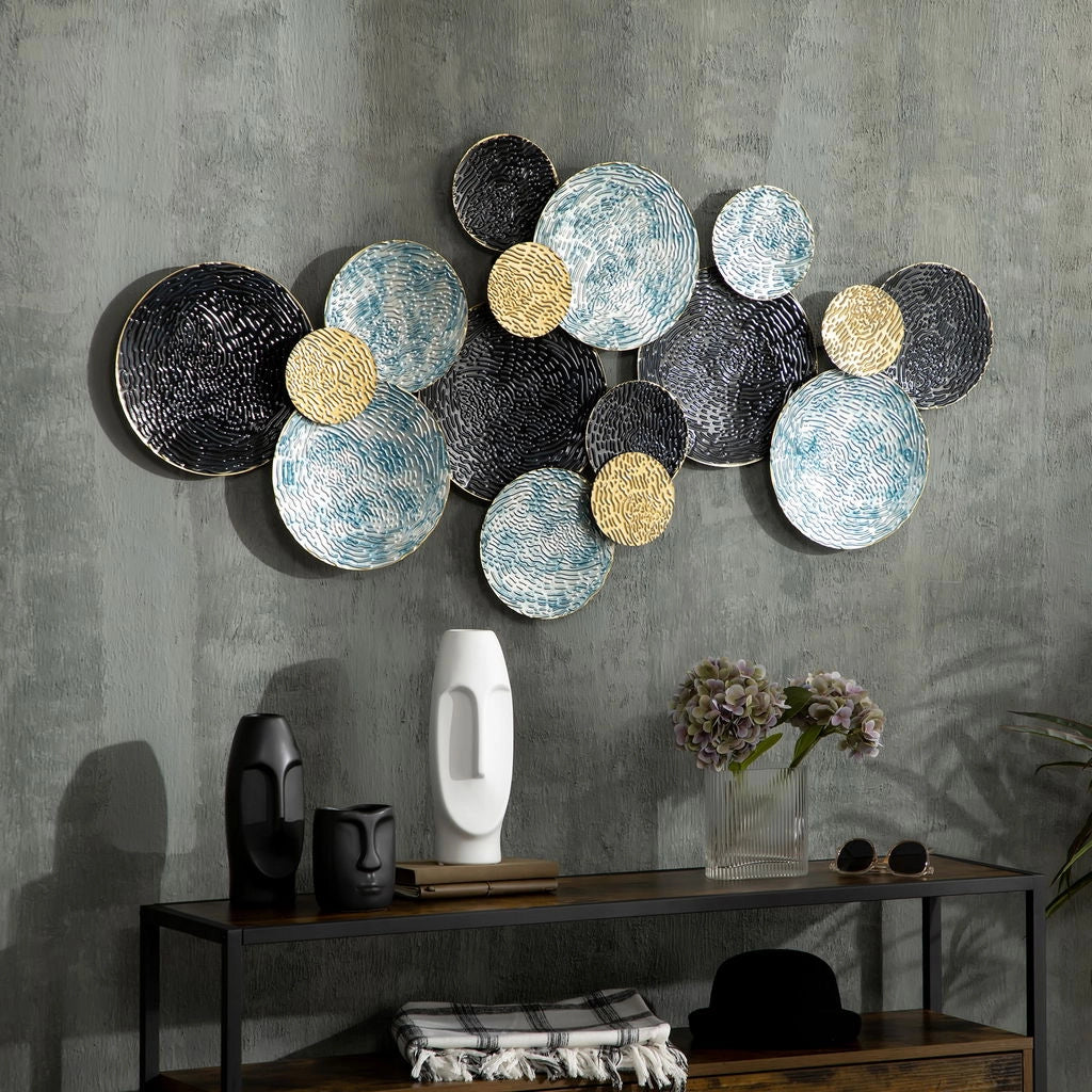 DECORAZIONE MURALE IN METALLO 3D WALL ART A CERCHI 133X66CM BLU NERO E ORO