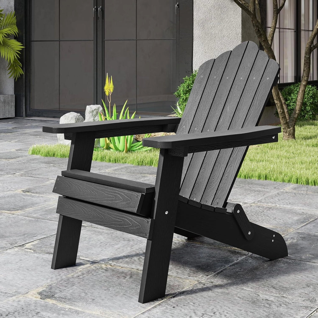 Sedia Adirondack Pieghevole da Giardino, Sedia da Patio in HIPS con Braccioli Larghi e Schienale Inclinato, Poltrona da Giardino in Legno, per Giardino Cortile, Portata 180 kg (Nero)