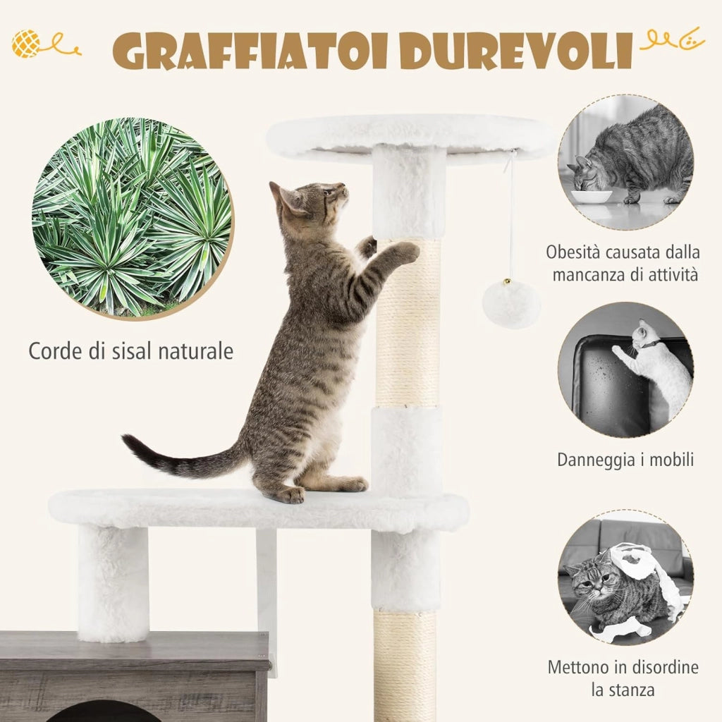 Tiragraffi per Gatti Adulti con Rifugio ad Ante Nascosto, Torre per Gatti con Cuccia, Piattaforma, Cuscini e Tiragraffi, Albero per Animali Grandi Alto in Legno, 77,5 x 49 x 132 cm (Grigio)
