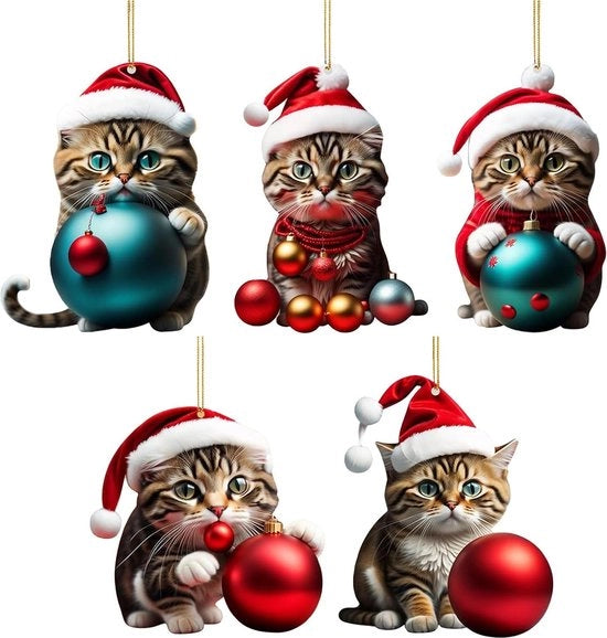 Decorazione di Natale - 5 pezzi di pendenti per albero di Natale per gatti - acrilico - gatto cartoon - decorazioni di Natale ornamenti - divertimento 2D - pendenti per albero di Natale - decorazione - decorazione di albero di Natale - regalo
