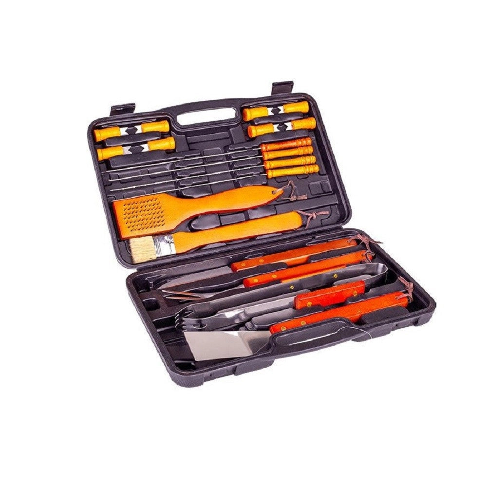 Trade Shop - Set Barbecue 18 Pezzi Con Valigetta Bbq Grill Acciaio Inox Manico Legno 6498010 -