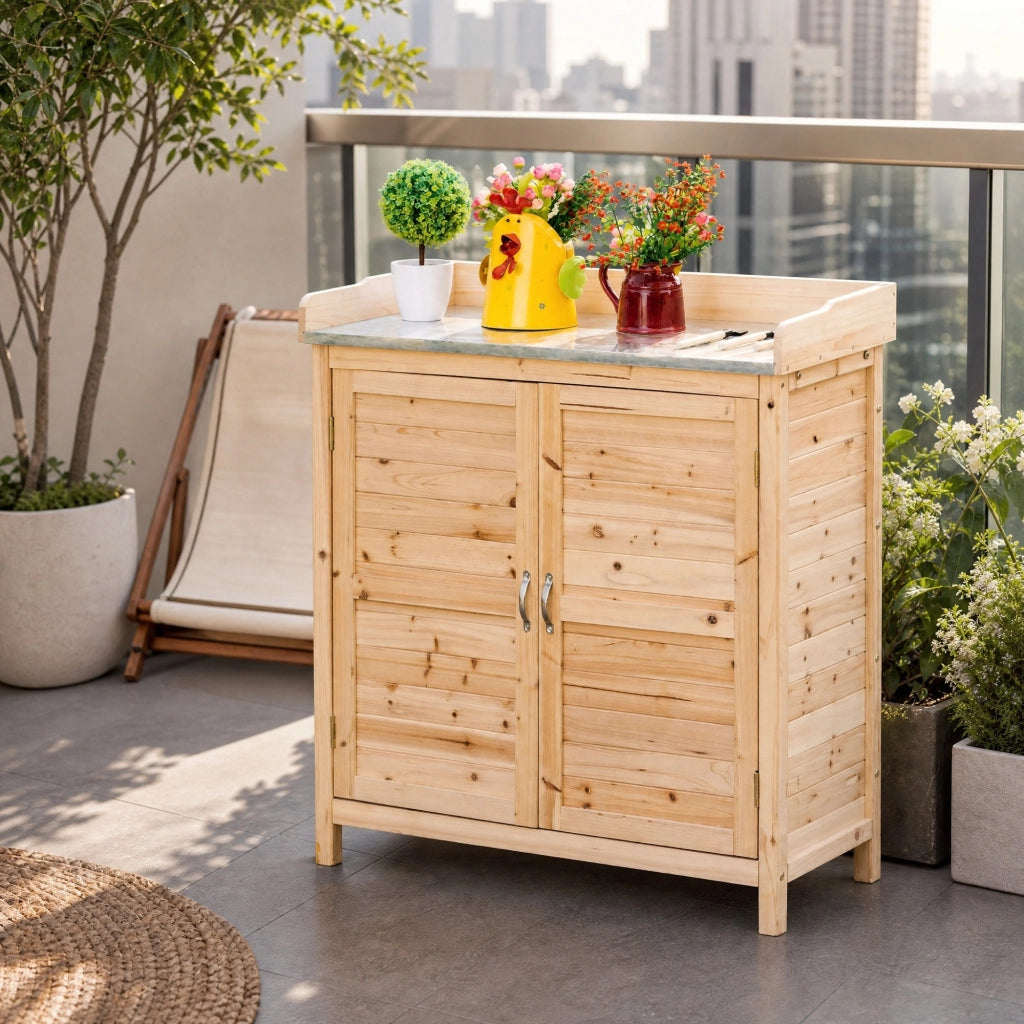 Tavolo da lavoro per giardinaggio con armadietto; 2 ripiani interni e piano zincato 83 × 40 × 92 cm
