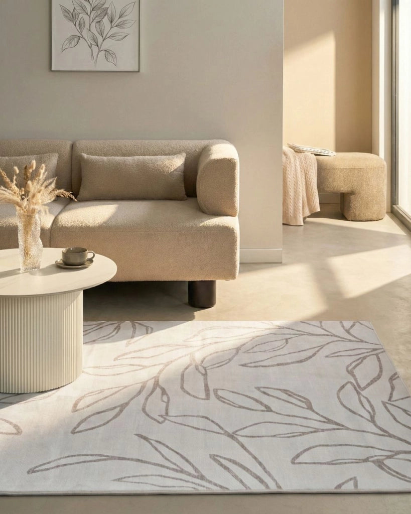 Tappeto tessuto beige chiaro 160 x 230 cm Moderno motivo foglie Soggiorno Camera da letto Per riscaldamento a pavimento Fondo antiscivolo A pelo corto