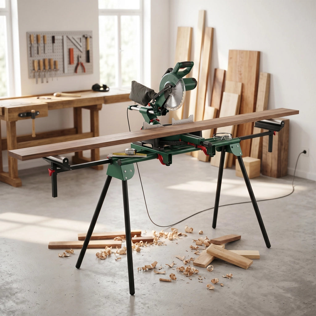 Supporto per Troncatrice Capacità 150 kg con Bracci Regolabili Gambe Pieghevoli Altezza Regolabile Verde