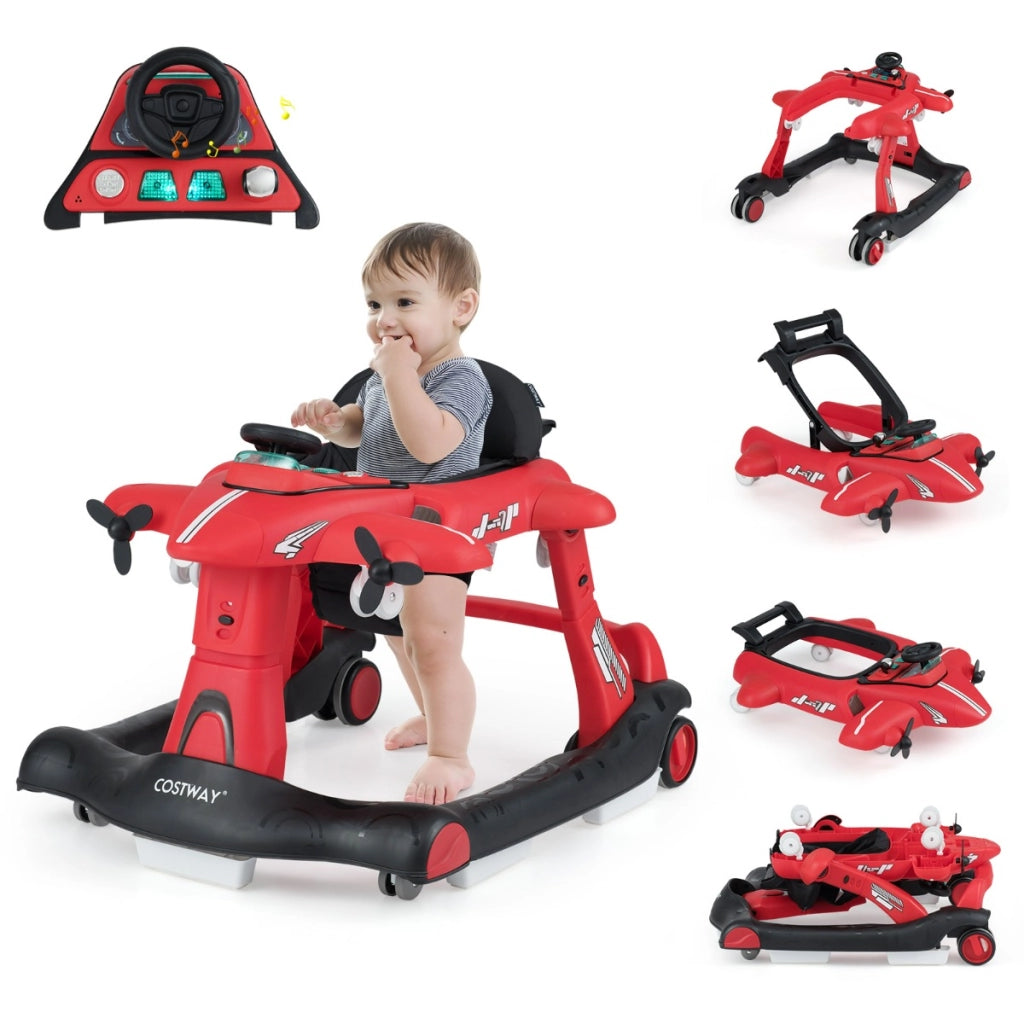Camminatore pieghevole a tema aeroplano con altezza regolabile a 3 livelli, Camminatore per bambini 6 in 1 con ruote Rosso-Passeggini per bimbi