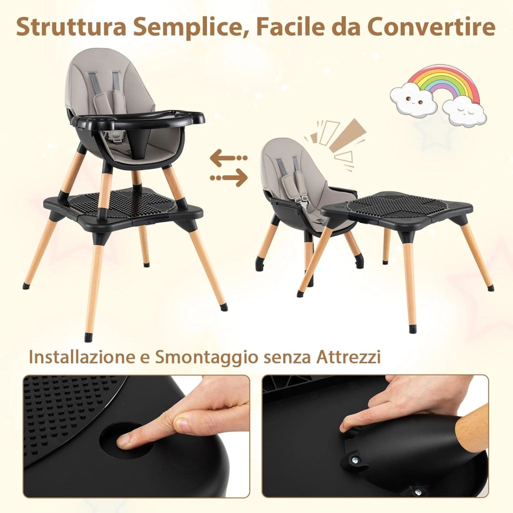 6-in-1 Seggiolone per Neonati, Seggiolone Prima Pappa, Tavolo e Sedia Convertibile per Bambini, Imbracatura di Sicurezza, Vassoio Rimovibile, per Bambini 6-36 Mesi (Grigio+Nero)