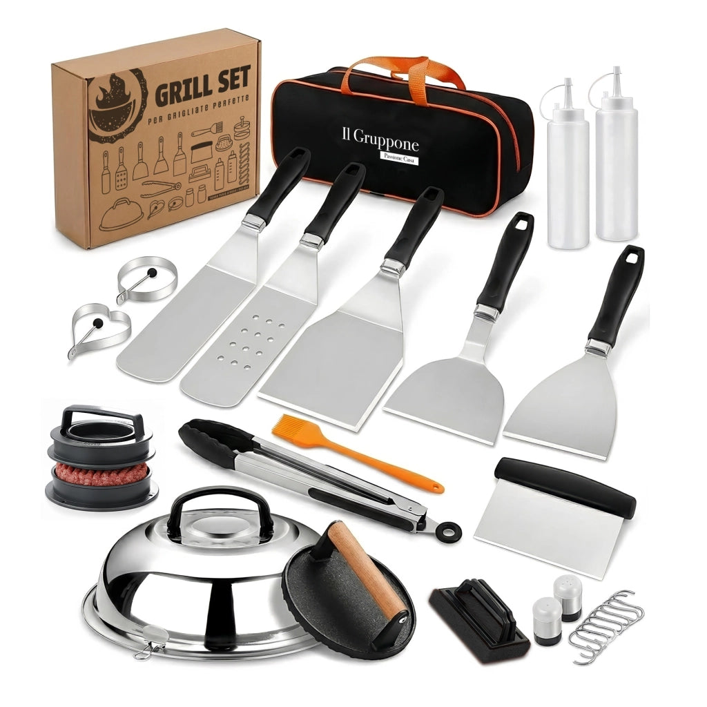 Set Accessori Barbecue Professionale 27 Pezzi Kit Completo BBQ Smash Burger, Pressa Hamburger, Spatole, Pinze, Cloche e Dispenser Salse – Utensili in Acciaio Inox con Borsa Trasporto