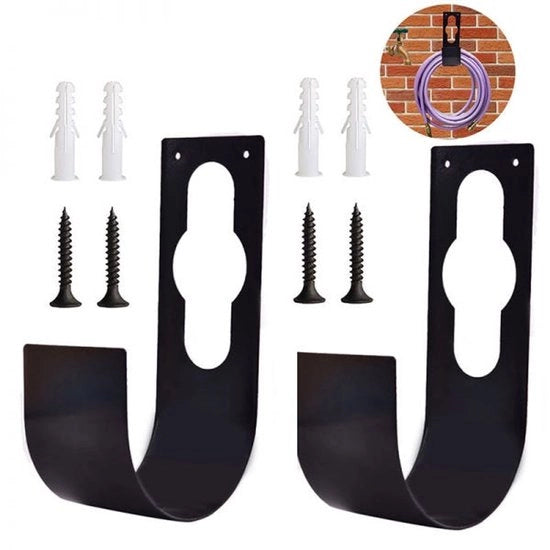 Due sostituenti di tubo per giardino estensibili con ganci forati; ganci per tubo 21,5 cm * 7,5 * 11,7 cm; ganci metallici per tubo estensibili con vite per l'immagazzinamento; supporti per tubo in plastica neri.