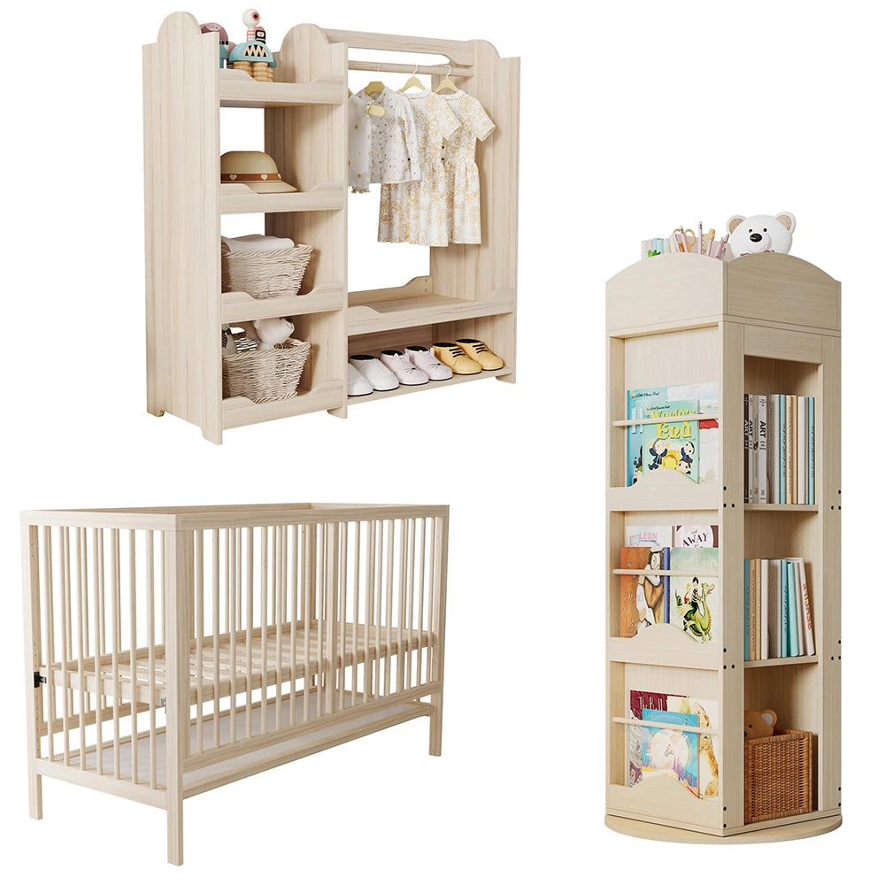 Set mobili combinati bambino multifunzione - Xylo - letto, armadio, libreria girevole, colore legno naturale