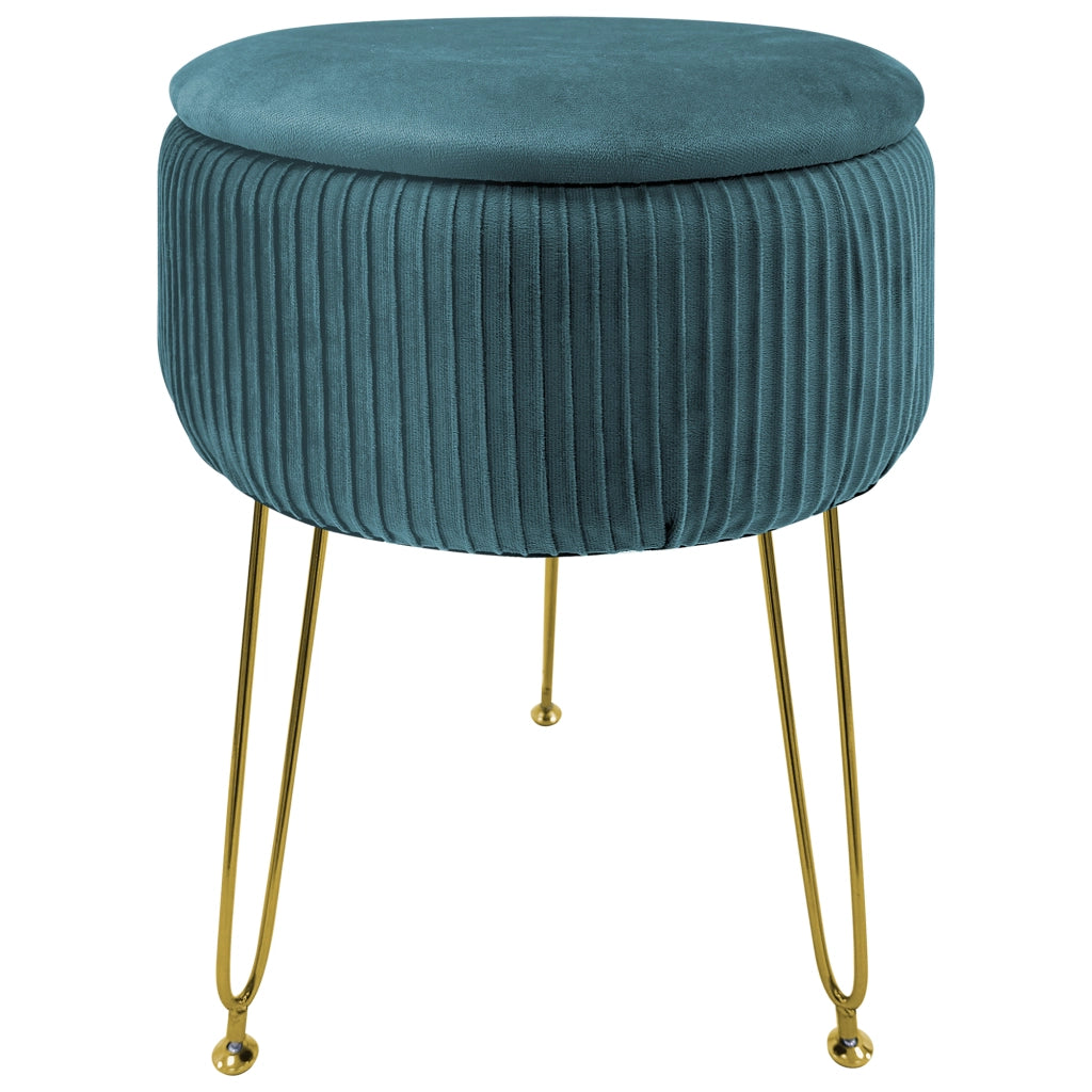 Pouf Rotondo In Velluto Con Contenitore Portaoggetti Sgabello Toeletta Trucco Tavolino Caffè Ripiano Legno Salotto Poggiapiedi Con Gambe Color Oro Petrolio