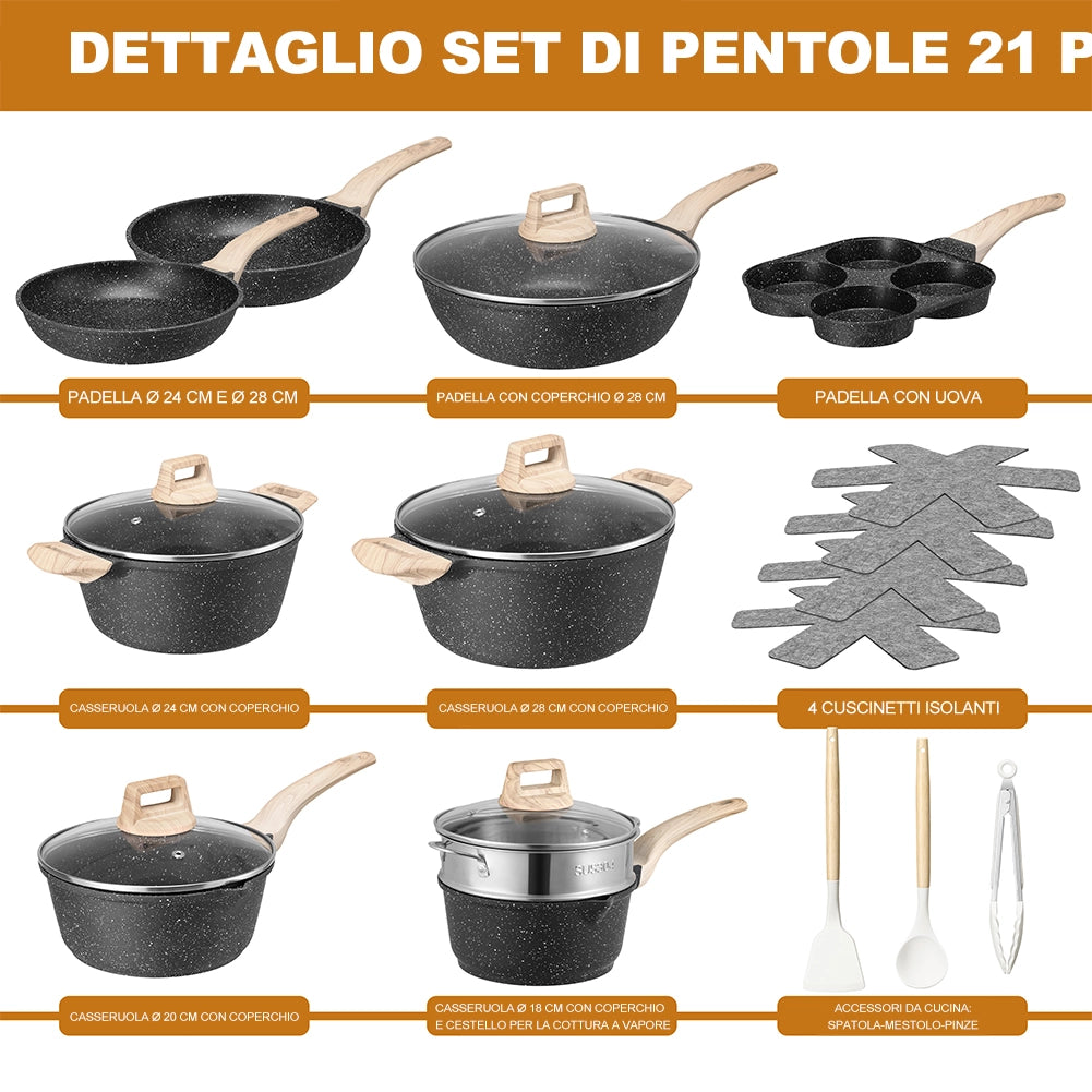 Batteria Pentole e Padelle 21 Pezzi in Alluminio Pressofuso Antiaderente Nero