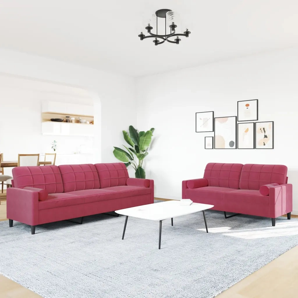 Set di Divani 2 pz con Cuscini e Rinforzi Rosso Vino in Velluto