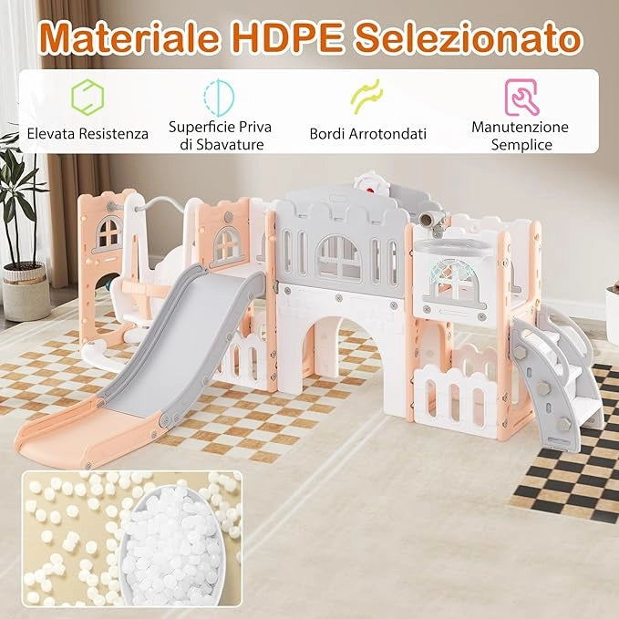 10 in 1 Parco Giochi per Bambini, Set Altalena e Scivolo con Canestro da Basket Telescopio Volante, Palestra da Gioco per Bambini 1 Anni + (Rosa)