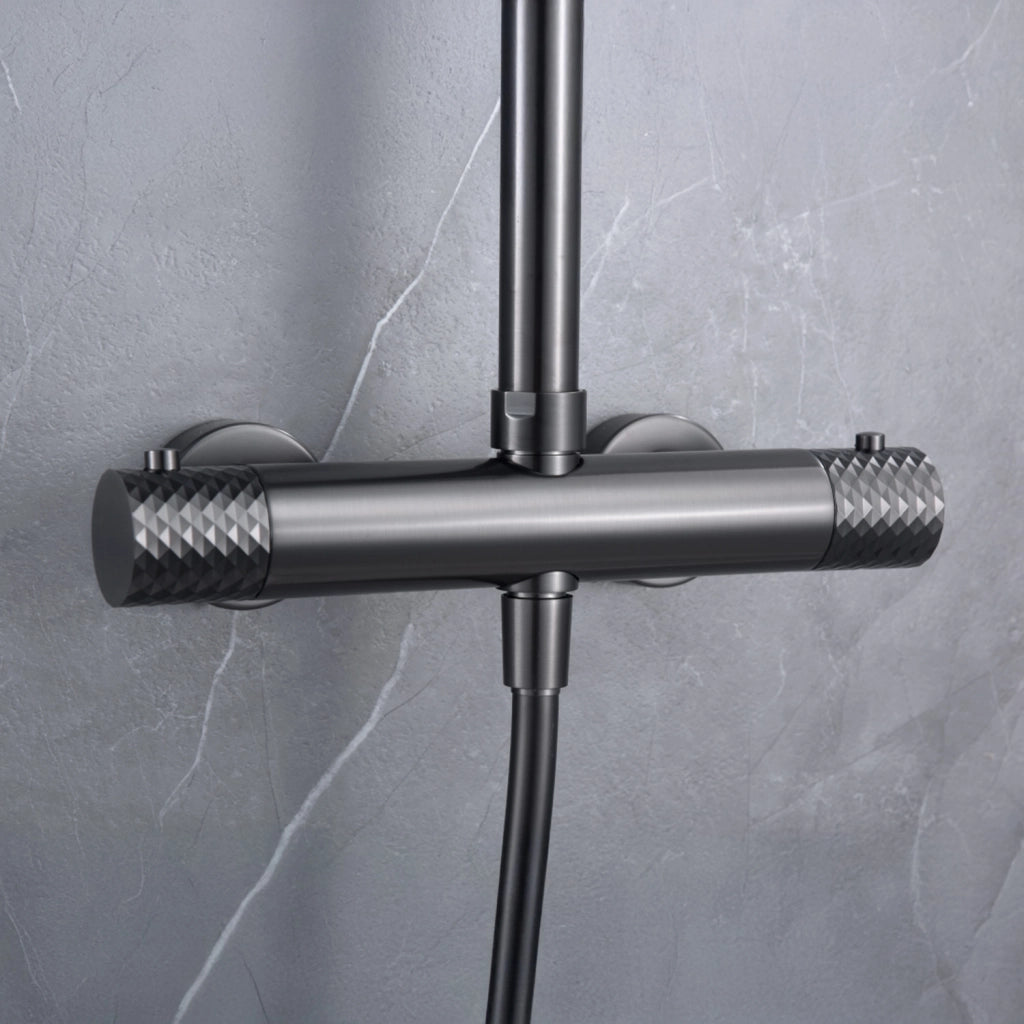 IMEX Set doccia termostatico Genova finitura nera canna di fucile asta estensibile acciaio inox S304 soffione extra piatto Ø20 cm anticalcare rubinetto ottone cartuccia termostatica TURN CLEAN SY