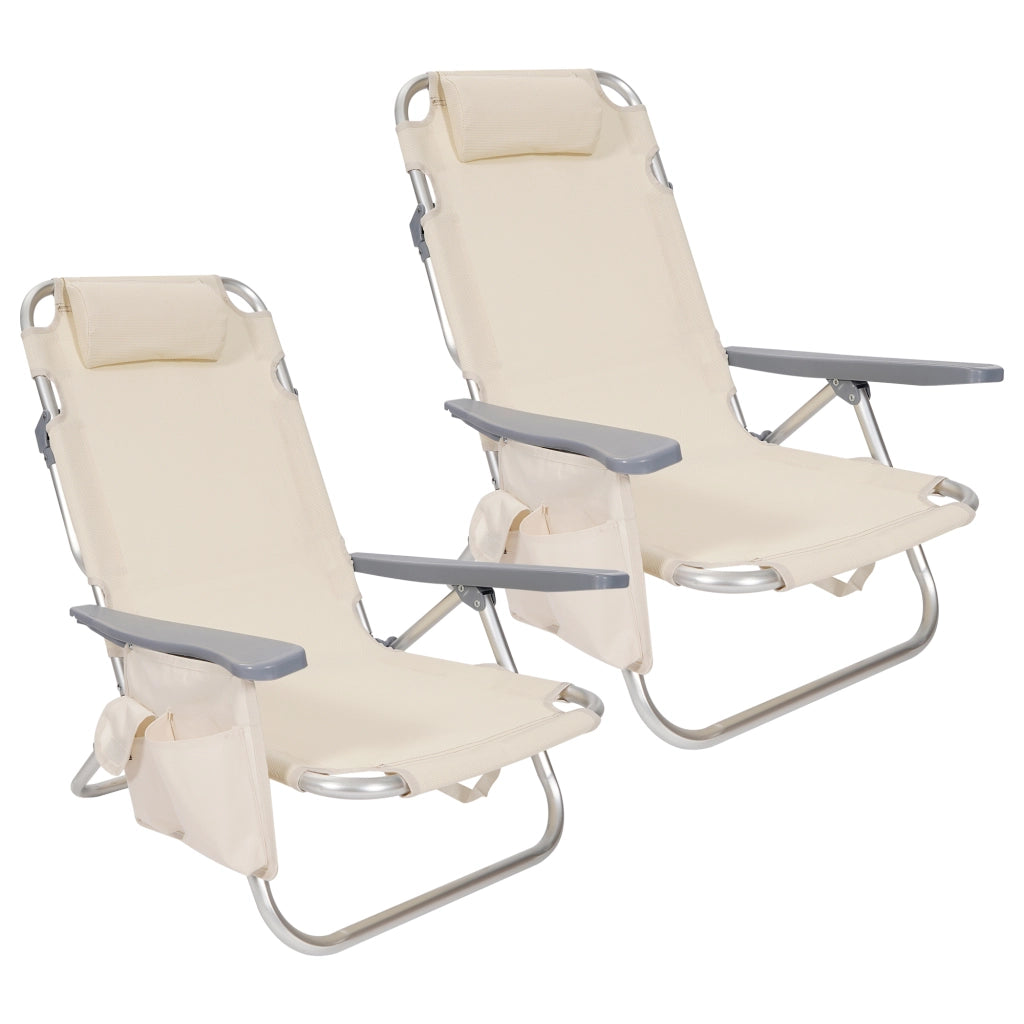 Set 2 Sedie Mare Spiaggine Pieghevoli in Alluminio con Poggiatesta e Tasca Laterale, Sdraio Spiaggia Basse con Braccioli, Tessuto Textilene Traspirante e Resistente, per Mare Campeggio Giardino, Beige