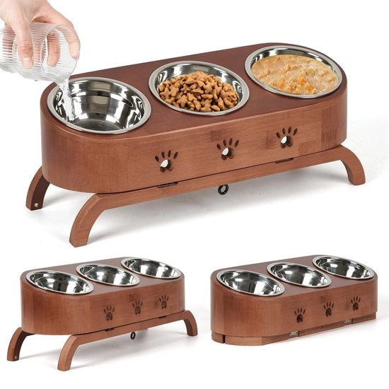 Ciotola per gatti con altezza regolabile - ciotole per alimenti ergonomiche - standard in legno - ciotole in acciaio inossidabile Ø12cm - posizione alimentazione salutare - ciotola per alimentazione
