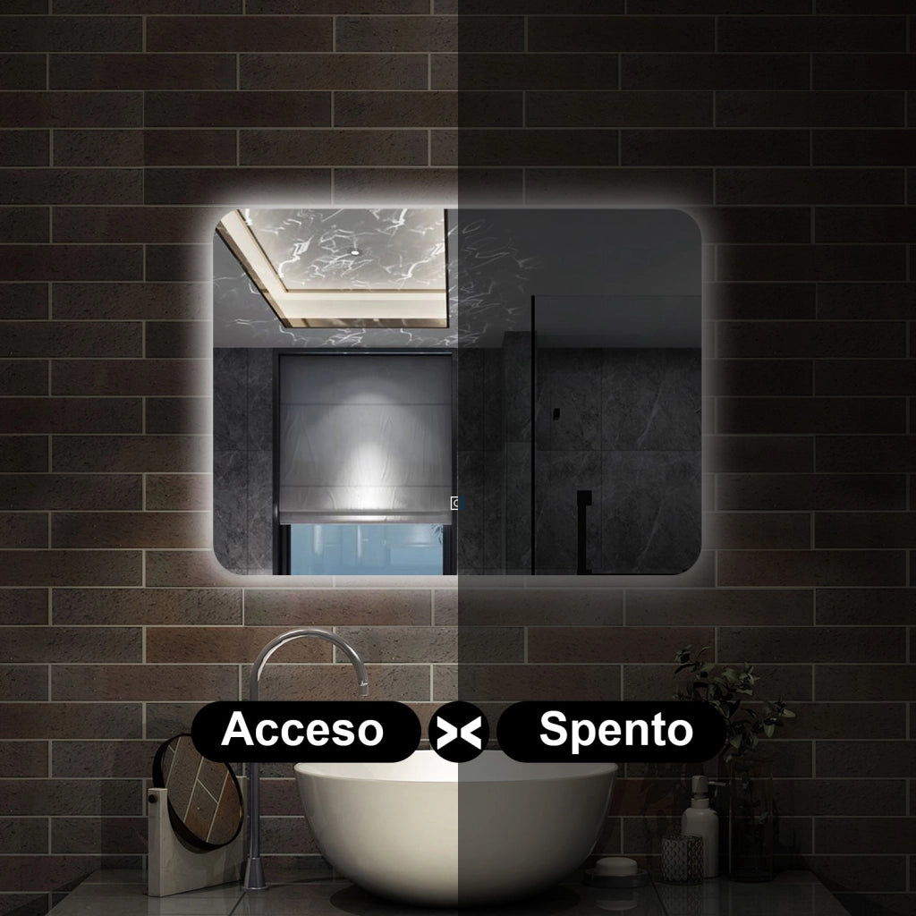 specchio 90 x 60 cm rettangolare con luce led e touch