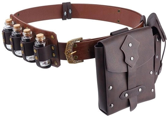 Set completo di accessori per cinture - Cintura medievale con 4 flaconi da bere e 2 tasche a forma di testa - Materiale PU - PU-leer - Festival/Cosplay