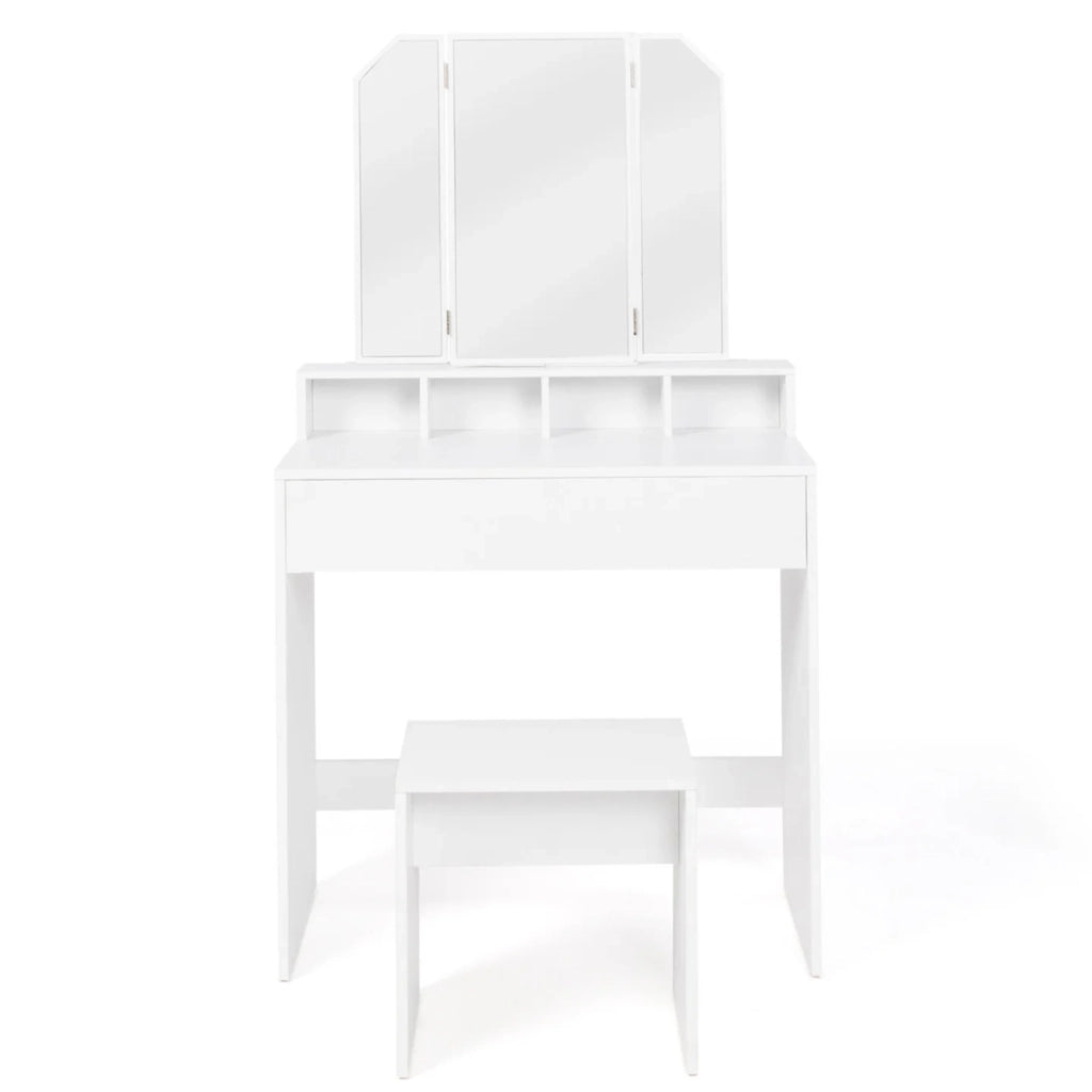 IDMarket - ZELIA Comodino a 3 specchi con 4 nicchie, 1 cassetto e sgabello