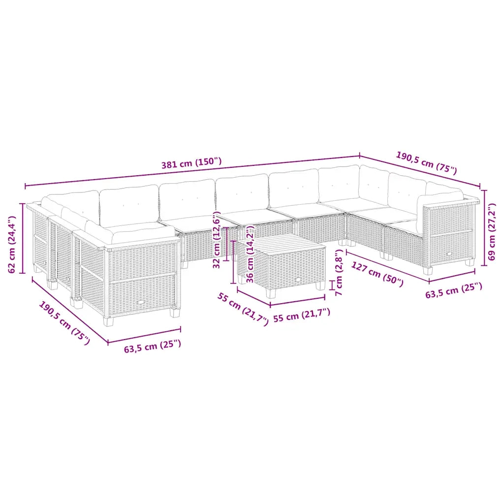 Set Divani da Giardino 11 pz con Cuscini Beige in Polyrattan 3262027