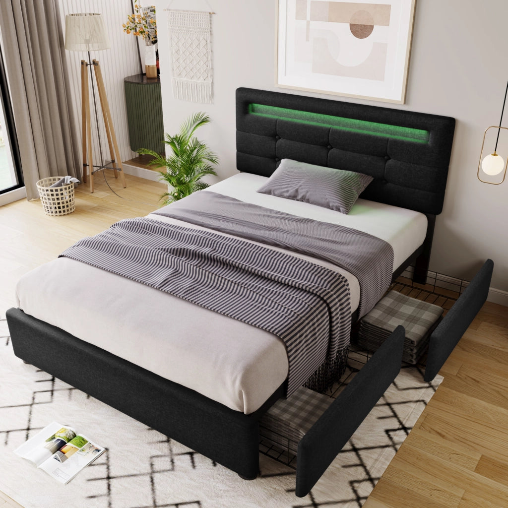 Letto singolo – 90x200 cm – LED 2 cassetti con materasso – legno nero