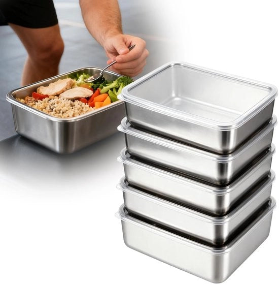 Contenitori di conservazione per carne in acciaio inossidabile, da 5 pezzi, con contenitore di congelamento 18 x 12,8 x 5 cm, contenitori da congelare sovrapponibili, contenitori per meal prep, sistema di chiusura a tenuta di aria.