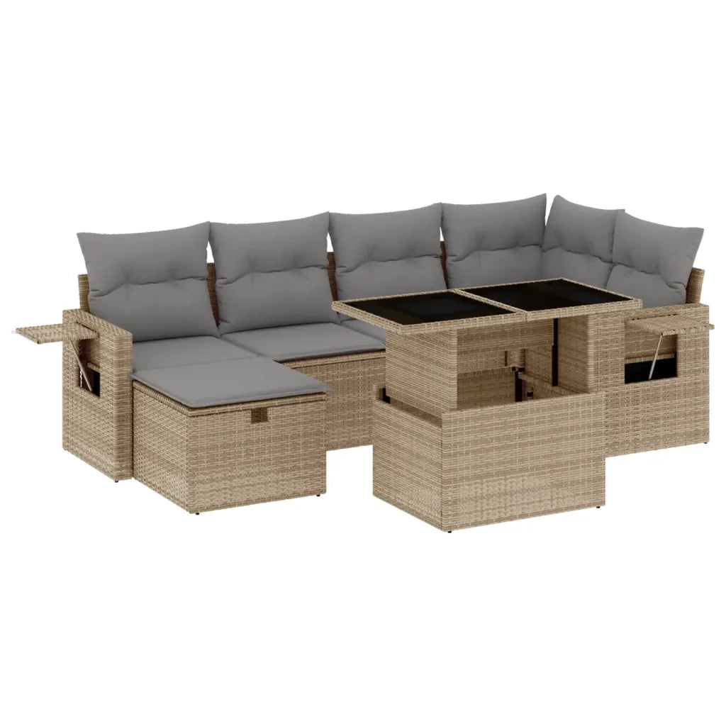 Set Divani da Giardino 7 pz con Cuscini Beige in Polyrattan