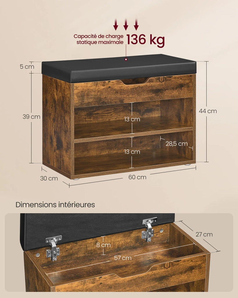 Panca portascarpe scarpiera con seduta imbottita panca da ingresso con 3 scomparti e seduta imbottita 30 x 60 x 44 cm per ingresso camera da letto soggiorno beige naturale 12_0004089