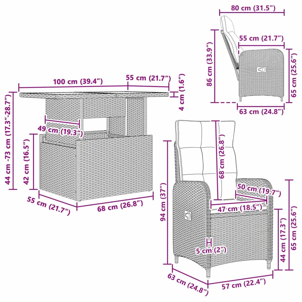 Set da pranzo per esterni 3 pcs polyrattan 3422404