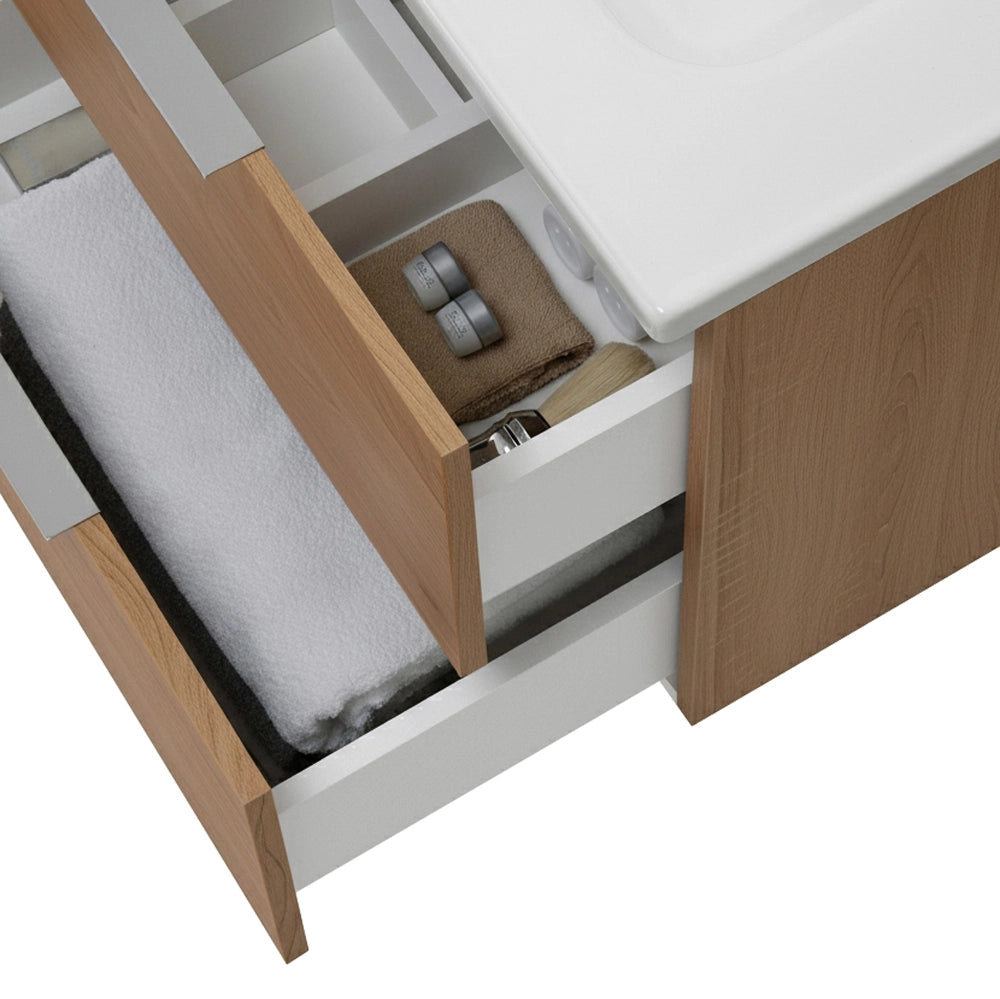 Mobile bagno sospeso 100cm rovere con cassetti lavabo e specchio Elva