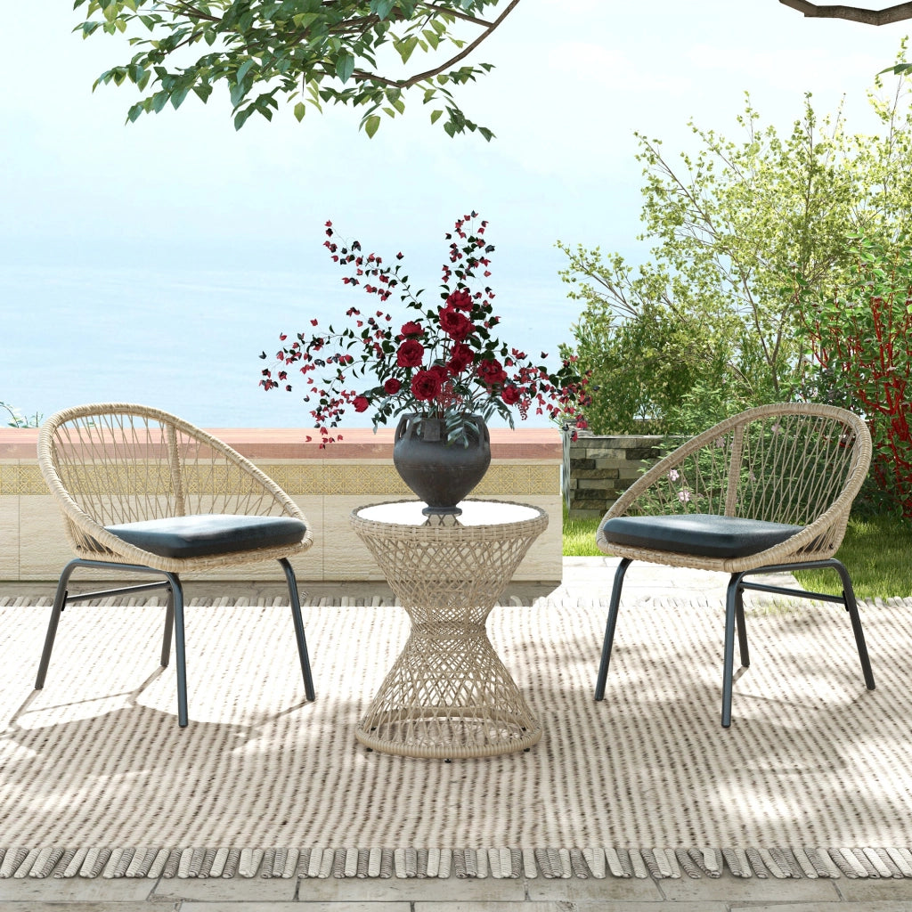 Tavolino da caffè Design Boho; piano in vetro; rattan PE; 45 cm x 45 cm x 52 cm; naturale