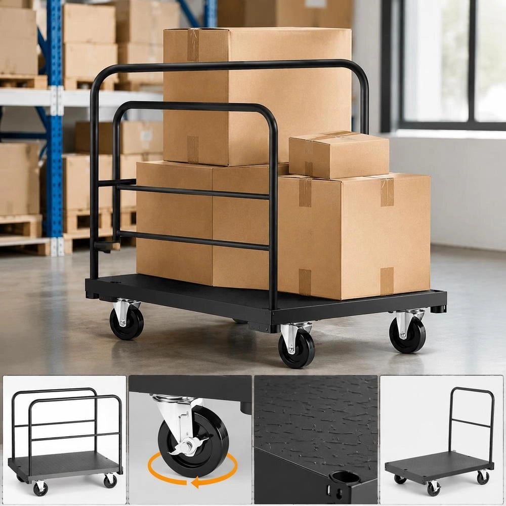 Panel Trolley, 816 Kg, 2-in-1 Transport Trolley With 360° Swivel Casters, Panel Dolly, Panel Cart With 4 Side Handrails, Transport Aid For Factory, Warehouse, Garage, Black 914x610x858 Mm