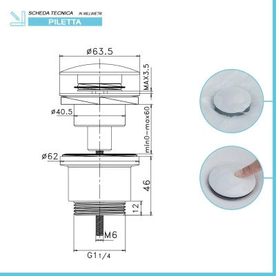 Piletta di scarico click clack universale bianco lucido con e senza troppopieno