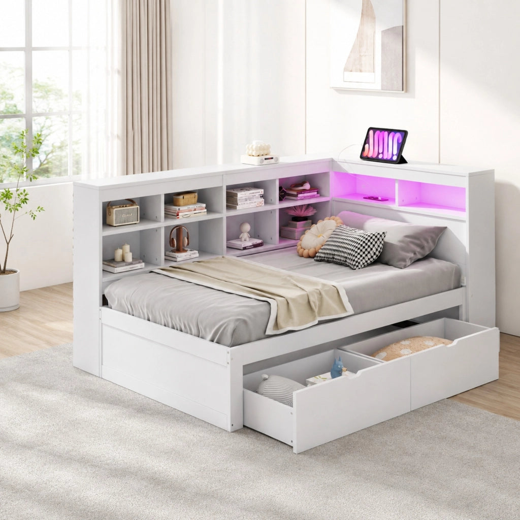 Letto singolo multifunzionale 90 x 200 cm bianco con LED e USB