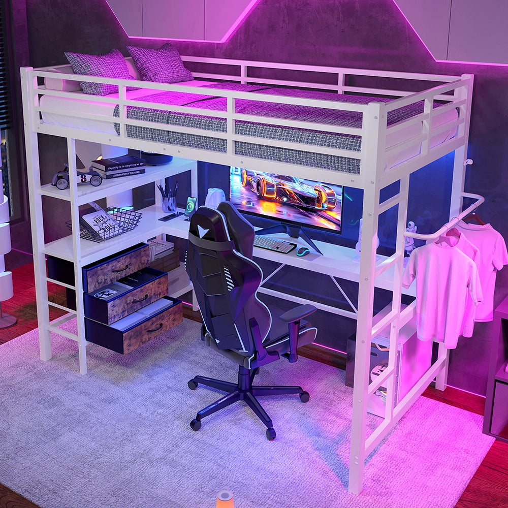 Letto a soppalco - Xylo - 90x200 cm LED 3 cassetti bianco
