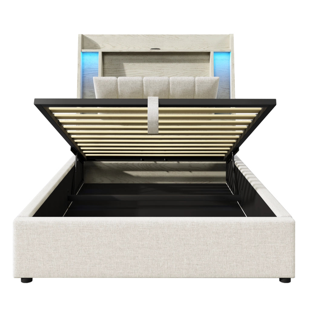 Letto singolo imbottito 90x200cm con ricarica LED e USB C in lino beige