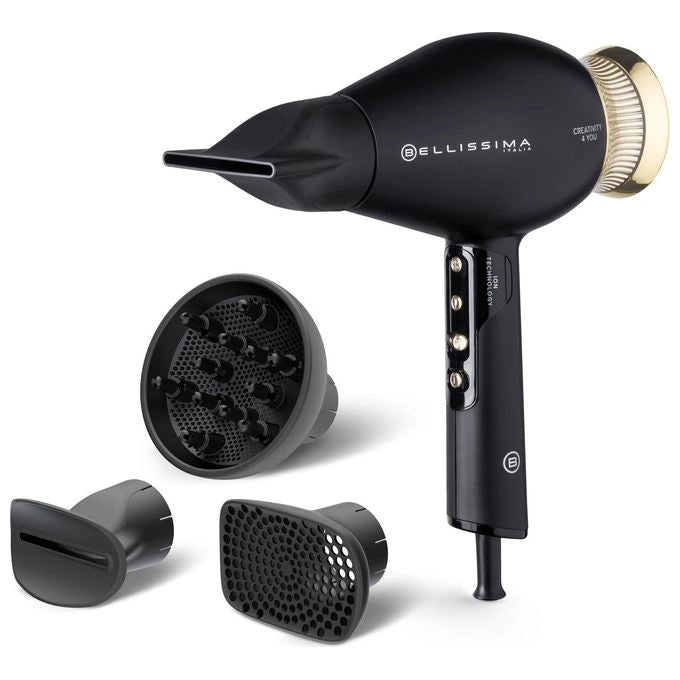 Bellissima Imetec Creativity 4 You, Asciugacapelli Professionale, 4 Accessori, Diffusore, Controllo Intelligente della temperatura, Ion Technology, Beauty Bag, 2 velocità, 3 temperature, 1800 W, Nero