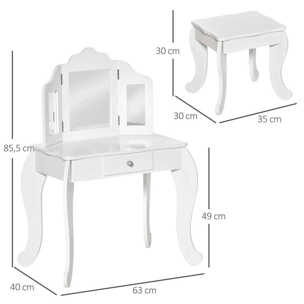 Scrivania Bambini con Specchio e Sgabello ¨C Minimal ¨C Bianco 63x40x85.5 cm
