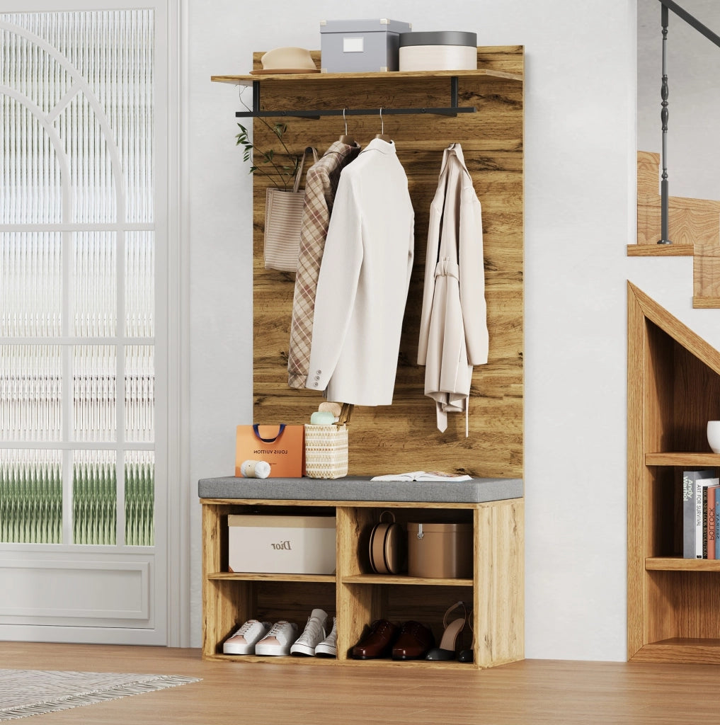 Set appendiabiti ULEVR 84x35x175 cm con panca portascarpe imbottita, ripiano regolabile e barra appendiabiti, color rovere