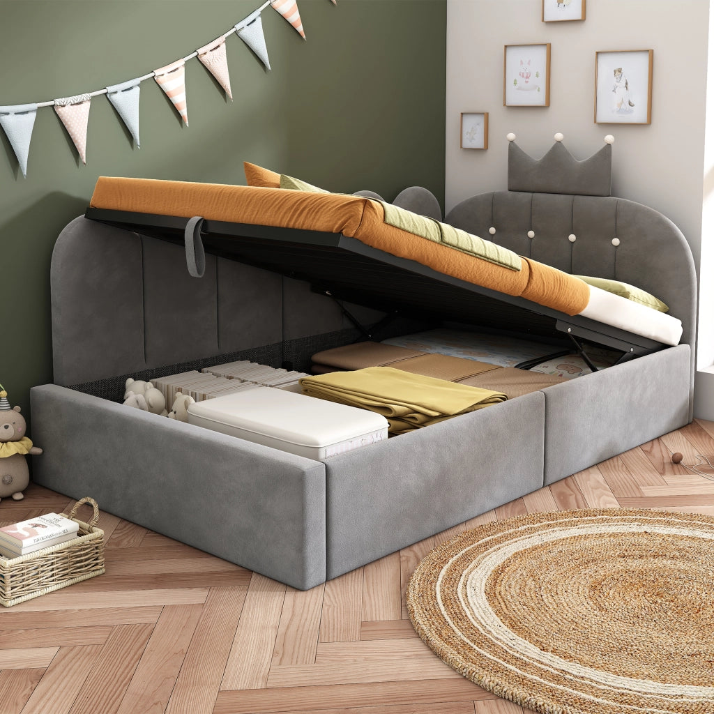 Daybed imbottito a L – 90x190 cm – contenitore idraulico – velluto grigio