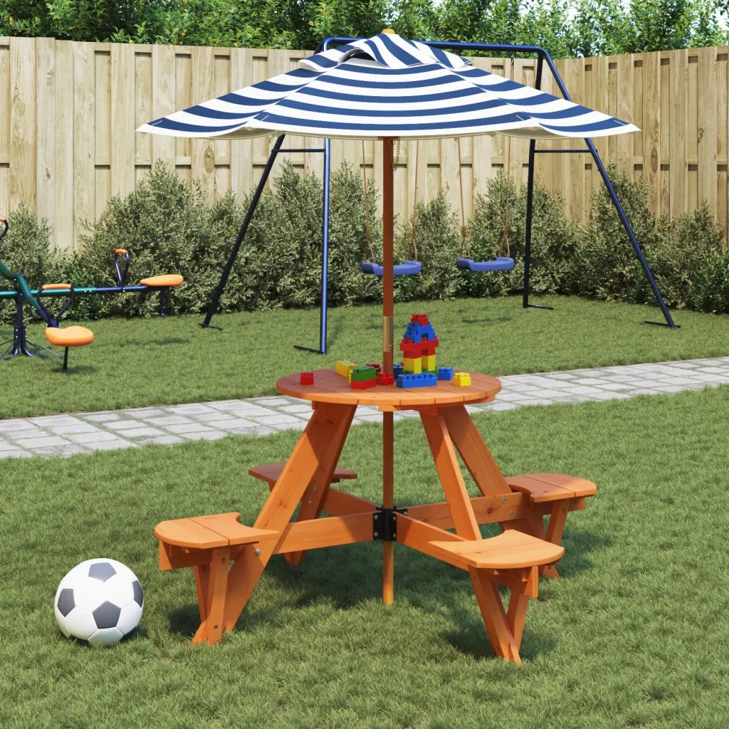Tavolino da Giardino | Tavolo Picnic per 4 Bambini con Ombrellone Rotondo Legno Abete
