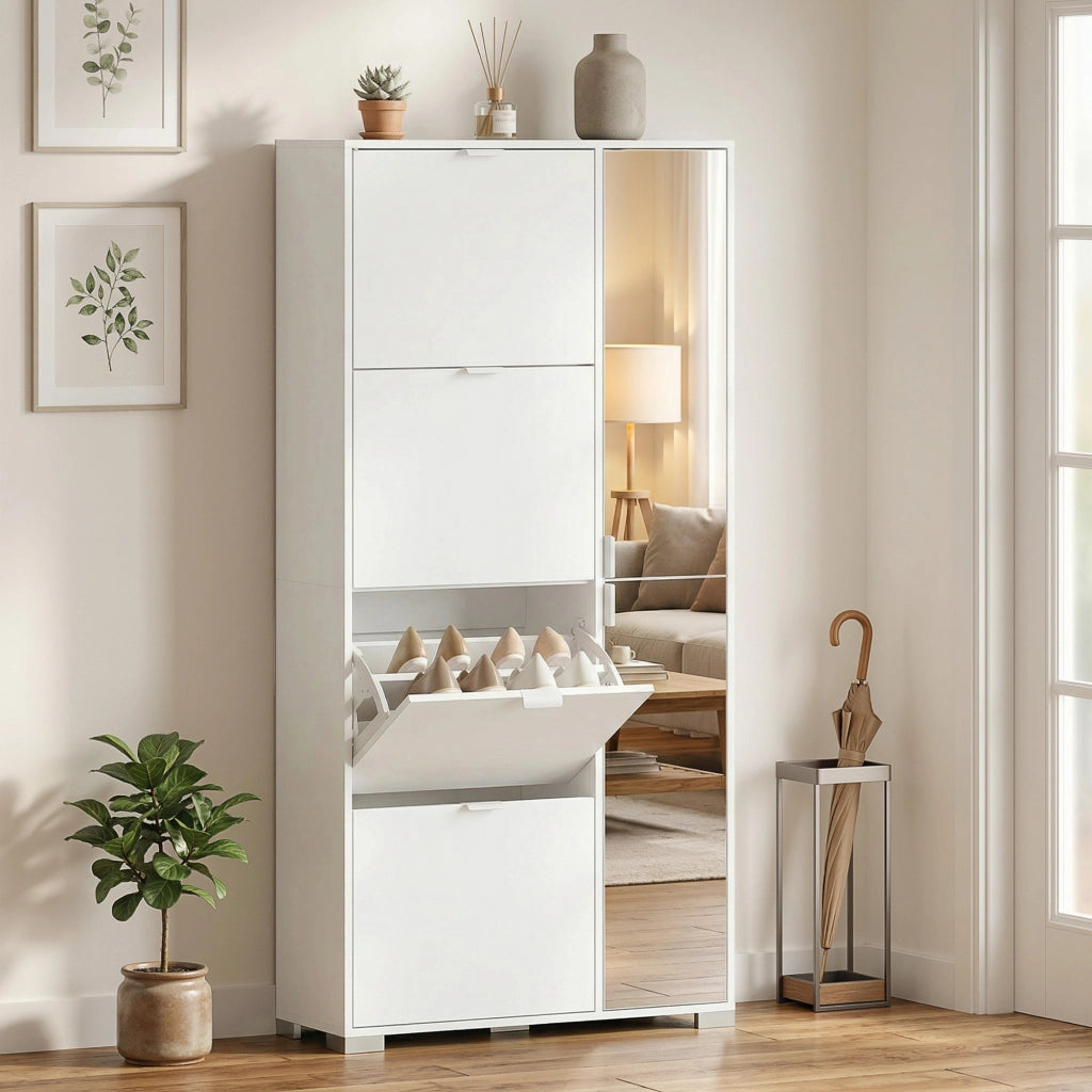 Scarpiera con Specchio e 4 Cassetti a Ribalta ¨C Minimal ¨C Bianco 80x30x100 cm